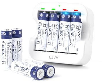 czvv Rechargeable Batteries Lithium AA 1.5V - 8 Pack High Capacity Battery 3500mWh with Ultra Fast Charger 2H - 1300 Cycle, Long-Lasting, Low Battery Reminder, Constant Output for Blink Doorbell Alarm
