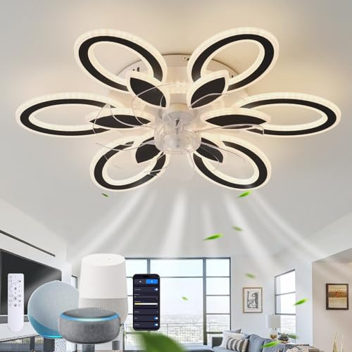 GWYAJTU LED Ceiling Fans with Lamps Silent Reversible 6 Speed Fan Light Ceiling, Dimmable Timer Ceiling Fans with Lights Compatible Google Assistant/Alexa for Bedroom Living Room, Black