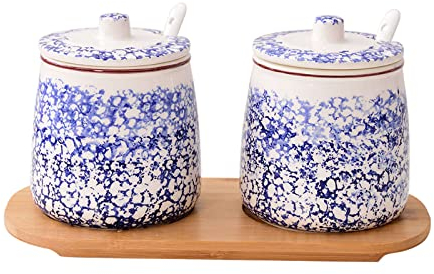 Zuccheriera, contenitore for condimenti, zuccheriera con motivo floreale blu con coperchio e cucchiaio, barattolo for zucchero in ceramica da 430 ml, zuccheriera in porcellana, for bar, ristorante, ca