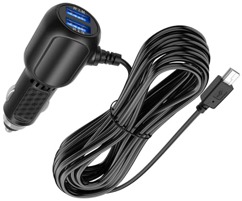 Mini USB Dash CAM Cargador de Coche Cable de Alimentación, USB Cargador de Coche Adaptador de Cable para la Cámara del Coche con 2 Puertos USB y Luces LED Azules para DVR, Navegador GPS, Dash CAM