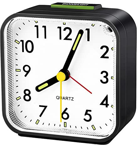 SPORWAY Wecker Analog Leise Ohne Ticken, Quarzwecker mit Schlummerfunktion Nachtlicht, Tragbarer Wecker Batteriebetrieben für Schlafzimmer, Wohnbereich, Büro, Reisen (Schwarz)