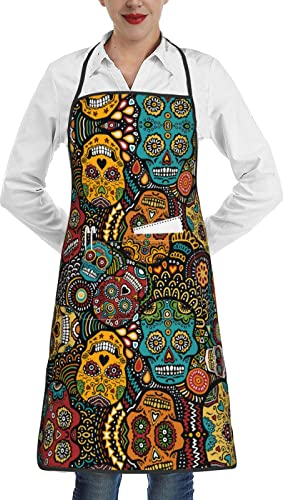 ATOurDealss Delantal ajustable con estampado de mármol blanco y negro para cocina, hornear, aseo, pintura, Estampado de calaveras de azúcar, Talla única