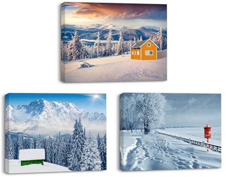 Piy Painting Set von 3 Leinwandbild der Schneelandschaft, Schnee Wandbilder, Winter Landschaftsbilder, Bilder auf Leinwand Mit Innenrahmen für Wohnzimmer Esszimmer Galerie Geburtstagsgeschenk 40x30cm