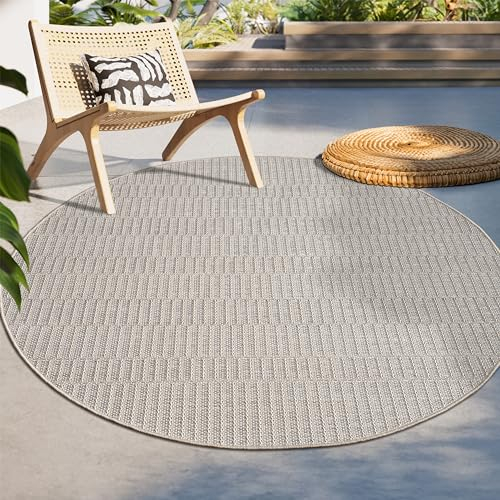 Paco Home Outdoor Teppich Flachgewebe Modern Boho-Style wetterfest & UV-beständig Ideal für Terrasse Balkon Wohnzimmer & Küche, Grösse:80 cm Rund, Farbe:Beige 5