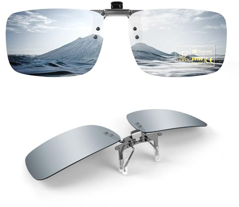 TEMSO Polarized Clip On Sunglasses Sliver,Flip Up Over Prescription Glasses Mens Women,Fit for Myopia Glasses On Holiday Beach,Filter UVA UVB,HD Vision|Safe Driving|60 * 41mm