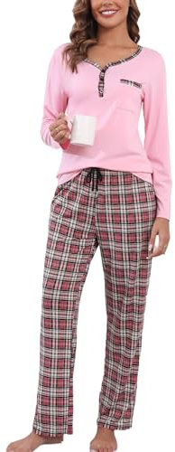 Yukiuiny Pyjama Femme Ensemble Coton Plaid Vêtement d'Intérieur Tee Shirt Manches Longues Col V Boutons Vêtement de Nuit Pantalons de Pyjama Printemps Douce Confortable B-Rose+Carreaux S