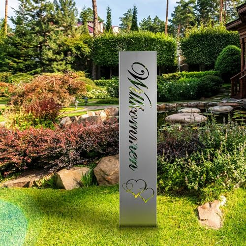 gardivo Gartendeko Willkommensschild für Außenbereich 115cm 3 Farben Verschiedene Muster in den Boden stecken Schild Metall Rost Anthrazit mehr (Edelstahl, Modern)