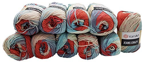500g Strickwolle Ilkadim Export Jeans Crazy mehrfarbig mit 55% Baumwolle, 10 x 50 Gramm Baumwoll-Strickgarn mit Farbverlauf (blau rot rosa ua 8205)