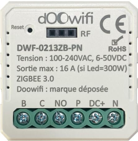 DWF-0213ZB-PN Relais : Nouveau Mini module ZIGBEE avec sortie contact sec (NO). Deux modes d'alimentation : AC 220V ou DC 6V à 50V DC