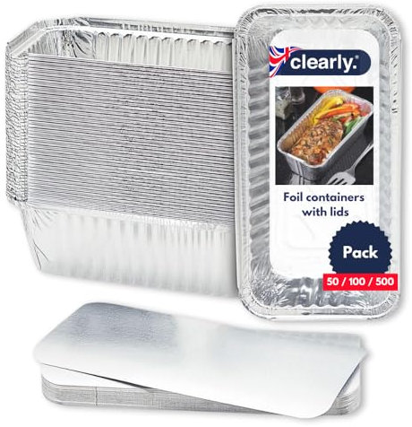 Clearly Set 100 Large Foil Trays with Lids, Aluminium Disposable Reusable Foil Food Container, Takeaway Containers, Great for Baking, Cooking, Freezing, Heating, Storing, BBQ (20.x11.2x5.6cm)