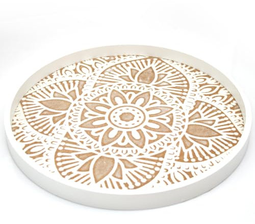 Rústico Bandeja de Madera para Servir 30CM Bandejas Decorativas Centro de Mesa Redondo Decoracion Portavelas de Bandejas Otomanas Cocina Salón Platos Decor de Navidad Platos de Mesa Color Blanco