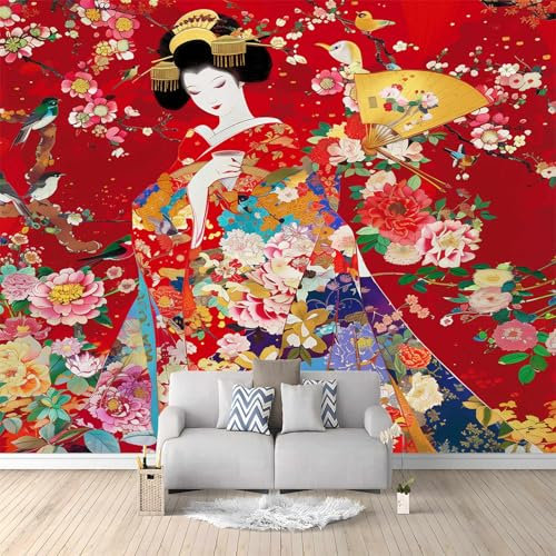 Kimono Femme Style Japonais Rouge Papier Peint Panoramique 250x175 cm Rouge Peinture Murale Papier Peint 3D Fresque Salon Chambre,