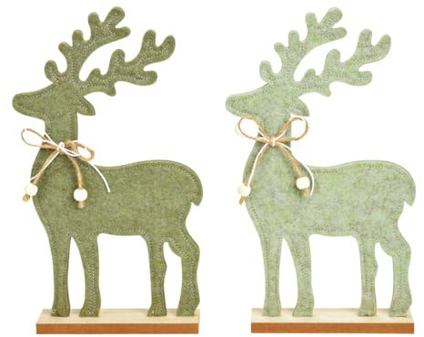 Hirsch Deko-Aufsteller Set aus Filz als Weihnachtsdekoration für Innen - Filzhirsch mit Holzsockel, schöne Weihnachtsdeko im skandinavischen Stil, 26 cm - Grüne Filzdeko als Winterdeko & Adventsdeko