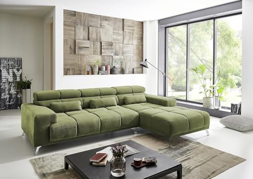 möbelando Wohnlandschaft >Starlett< in Khaki, Ottomane rechts, 3X manuelle Kopfteilverstellung, Metallfüße Chrom, Nosagunterfederung, Bonellfederkern, inkl. 3 Zierkissen, 285x79-99x201 cm (BxHxT)