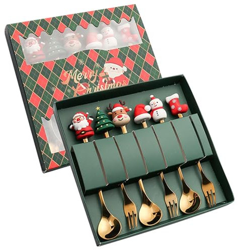 Christmas Spoons and Forks Set 6Pcs Santa, Reindeer Tea Spoons and Dessert Forks Stainless Steel Stirring Spoons Decor Gift for Christmas Party, New Year Green Package Box...