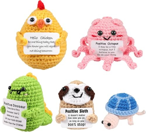 ASMPCUE 5er Set Pocket Hug Positive Doll, Creative Knitting Wool mit Holzsockel, Stressabbau Fluffy Stuffies Lucky Charm Courage, Get Well Gift, Cheer Up School Gift (5er Doll Set Animal)
