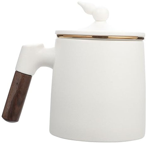 COLLBATH Tazza in Ceramica Manico in Legno 400 Ml Coperchio E Infusore Per Tè Per Caffè Latte E Bevande Base Stabile E Bordo Liscio