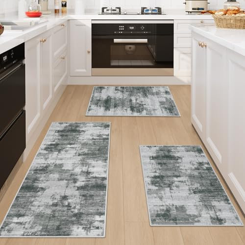 Famibay Kitchen Rug Sets 3 Piece Kitchen Mats Non Slip Washable Kitchen Runners Floor Mat Dark Grey Modern Abstract for Kitchen Laundry Room Hallway 50x120cm+50x80cm+50x80cm