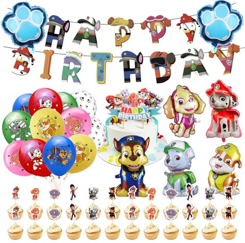 Milygobam 31 Pcs Dog Theme Birthday Party Decorations,Happy Birthday Banner, Paw Print & Dog Foil Balloons, Latex Balloons, Cake & Cupcake Toppers,Puppy Themed Party Supplies for Kids Boys Girls