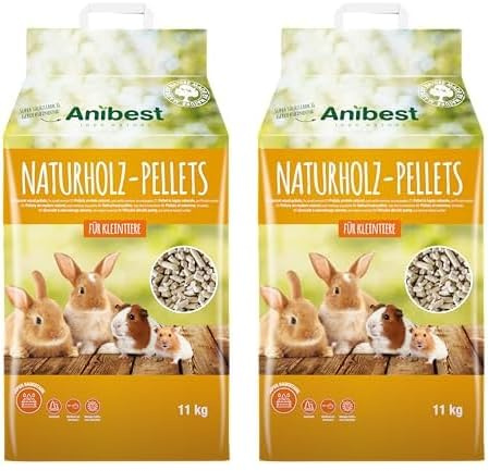 Anibest Pellet di piccoli animali, 100% lettiera naturale per conigli, criceti, porcellini d'India e Co, pellet di legno assorbenti e antiodori, lettiera facile da dosare, 11 kg/20 l (Confezione da 2)