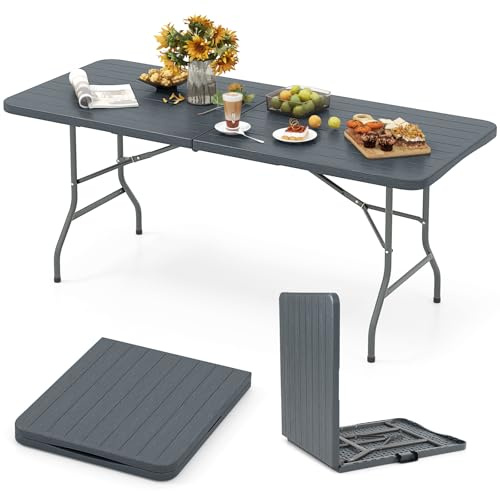 COSTWAY Gartentisch 180x74cm, Campingtisch klappbar, Klapptisch mit HDPE-Tischplatte & Tragegriff, Balkontisch für 6–8 Personen, Buffettisch für Garten, Terrasse und Balkon, Grau