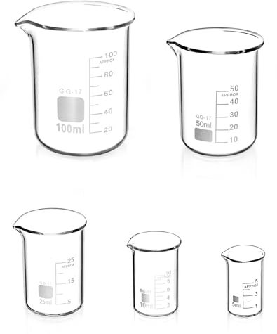 5 vasos graduados de vidrio 3.3 con claro, 5 ml, 10 ml, 25 ml, 50 ml, 100 ml, medidor graduado para laboratorio científico cocina