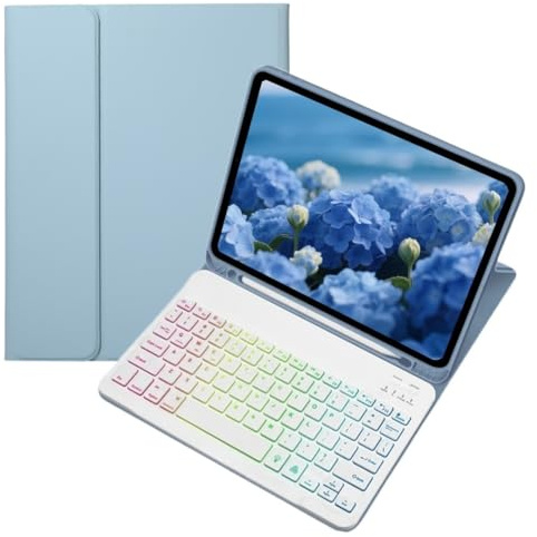 Colorful Backlit keyboard Case for iPad 9.7 (6th/5th Generation), Air , Air2 , iPad Pro 9.7 inch Case with Magnetic Detachable Bluetooth RGB Backlight Keyboard Cute Candy Color ,Mist Blue+White