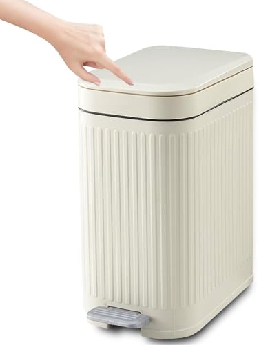 Kongming Tretmülleimer Kleiner Mülleimer mit Deckel 8L Treteimer Geruchsdicht Abfalleimer Küche Bad Mülleimer Schmal für Badezimmer, Büro, Wohnzimmer, Schlafzimmer, WC (Beige)