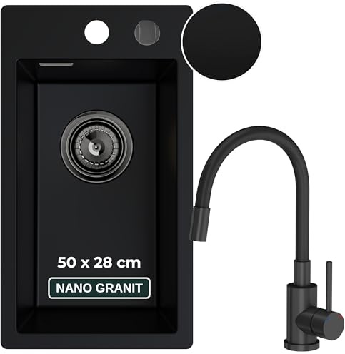 SINK QUALITY Küchenspüle mit Armatur schwarz 28x50 cm - Spülbecken mit Wasserhahn, Siphon Graphit und Imprägniermittel - Granitspüle klein für Unterschränke ab 40 cm - Einbauspüle aus Granit
