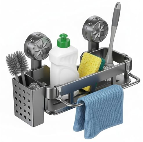 Alyxen Organizer per Lavello,Portaoggetti Multifunzionale da Cucina con Vaschetta di Raccolta, Porta Strofinacci Rimovibile e Contenitore Portaoggetti, Supporto Spugna a Ventosa da Cucina