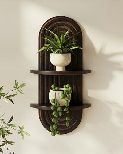 Bamworld Mensola Parete Piante Boho 2 Ripiani, Portapiante Sospeso Mid Century Modern per Casa Bagno Camera Soggiorno Ufficio, Noce