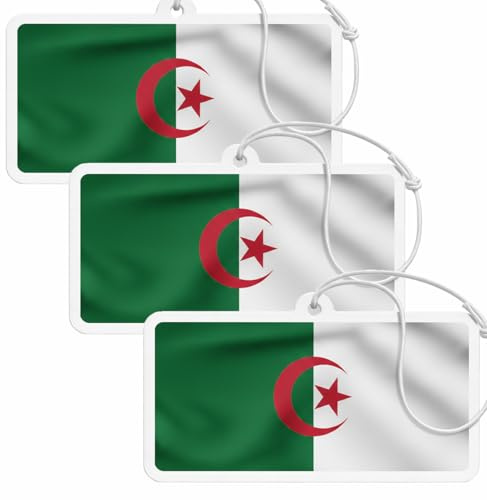 Lot de 3 désodorisants pour voiture - Drapeau national - Pendentif - Black Ice, Vanilla & New Car, parfum longue durée pour la voiture ou la maison - Accessoire de parfum élégant - Algérie