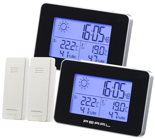 PEARL drahtlose Wetterstation: 2er-Set Wetterstation, Funkwecker, Thermo-/Hygrometer, Außensensor (& Thermometer, mit Funksensor)