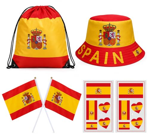 Kit Aficionado España con Gorro Pescador, Mochila de Cuerdas, Banderas de Mano y Tatuajes Temporales - Pack de Animación Rojo y Amarillo para Fiestas Deportivas, Partidos y Eventos de Fútbol 2026