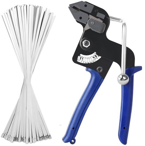 100 Piezas Kit Bridas Metálicas de Acero Inoxidable 304 y Alicate para Bridas de Cables, Abrazaderas Metálicas, Herramienta de Tensión y Corte, Pistola para Sujetacables para Tubos y Cable Acero