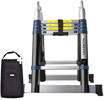 WORHAN® 3.2m TELESKOPLEITER 2 in 1 ANLEGELEITER EINZIEHBARE STABILISATOREN KLAPPLEITER ALU TELESKOP Leiter MULTIFUNKTTIONS Leiter 320cm mit Tasche K3.2A+Bag