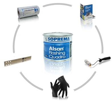 ALSAN Flashing Quadro - PROFI PACK - Komplettset | 5,0 kg Flüssigkunststoff | 1 Rolle Alsan Vlies | 1 Paar Handschuhe | 1 Rührholz | 1 Farbwalze | Verlegeanleitung | Farbe RAL 7012 - basaltgrau