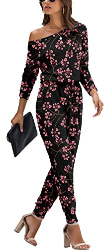 YUNDAI Womens Jumpsuits One Piece Casual Off Shoulder Playsuit Long Sleeve Overalls Elastic Waist Stretchy Romper with Pockets Medium,Gypsophila Black
