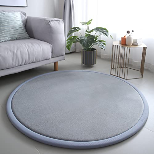 Loartee korallenrote Samtmatte Teppich Rund, als Krabbeldecke fürs Kind,2,5cm Dicker Kinderteppich,Silber grau,120cm