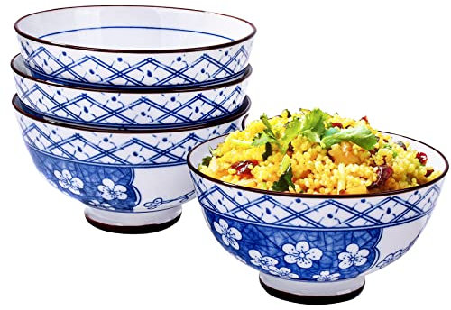 Lot de 4 bols chinois spéciaux bleus et blancs - Orchidée unie - Pour salade de riz et sauce