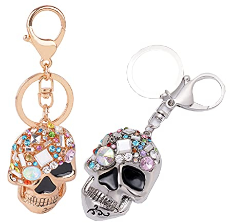 2 Stücke Totenkopf-Schlüsselanhänger, Creative Rhinestone Skull Schlüsselanhänger, Fashion Damen Bag Ornaments, Gelten Auto Schlüsselring Charm(Gold und Silber je Einer)