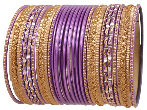 Touchstone Bunte 2 Dutzend Armreifen Kollektion Indische Bollywood Legierung Metall texturiert lila Designer Schmuck Armreif Armbänder Set von 24 in antiken Goldton für Frauen