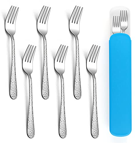 Herogo Lot de 6 fourchettes en acier inoxydable pour enfants avec étui de voyage bleu, poignée martelée, pour la maternelle, l'école, le barbecue, passe au lavevaisselle