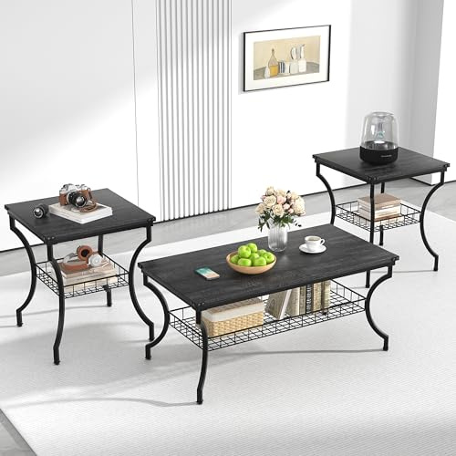 VECELO 3 Pieces Living Room Table Sets, Coffee and End Tables with Open Storage Shelves for Apartment, Home Office, Small Space, Easy Assembly, Black