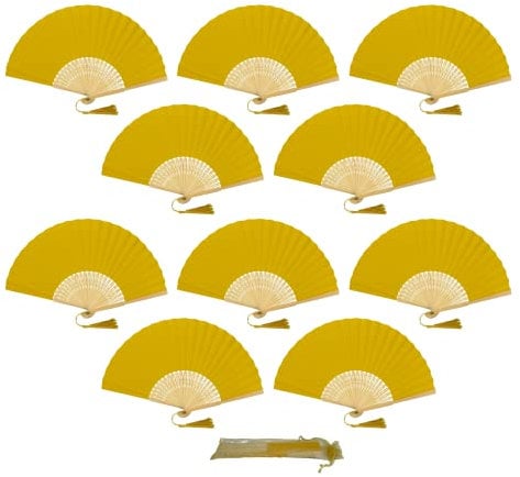 FANSOF.FANS Pack of 10 Paper Handheld Folding Fan with a Tassel and Grade A Bamboo Ribs for Women Girls Summer Party Favour Birthday Wedding Gift (School Bus Yellow)
