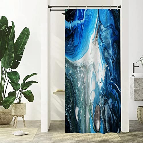 Uiiooazy Rideau Douche Anti Moisissure, Rideau de Douche Étroit 90x180cm Bleu Effet Marbre Gris Petit Rideaux de Baignoire Tissu Lavable Imperméable Polyester Rideaux Salle de Bain avec 6 Crochets