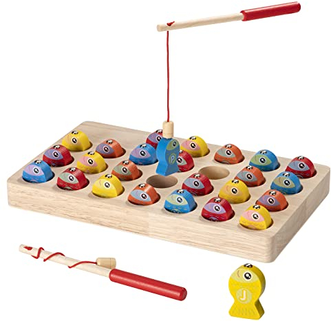 Wisplye Magnetisches Angelspiel aus Holz ab 2 3 Jahre, Montessori Motorikspielzeug Feinmotorikspielzeug ABC Alphabet Spielzeug Vorschule Fische Angeln Spiel mit 2 Polen