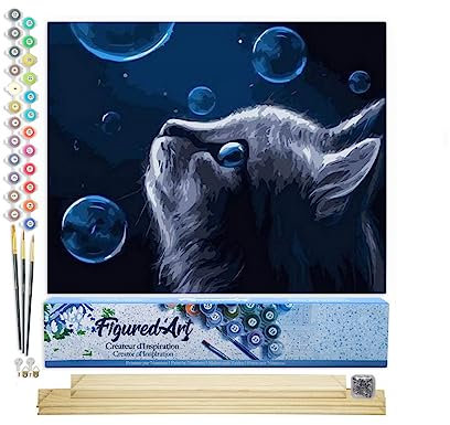 Figured'Art Pintar por Numeros Adultos Gato Azul - Manualidades pintura acrilica Kit Cuadro DIY completo - 40x50cm monta tu propio bastidor