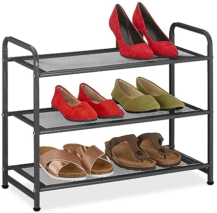 Relaxdays Schuhregal, 6 Paar Schuhe, HBT: 48x60x25 cm, Metall Schuhablage, schmal, 3 Ablagen, Flur Schuhgestell, schwarz