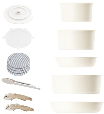 Caannasweis Juego de utensilios de cocina antiadherentes desmontables, ollas y sartenes apilables de inducción con asas extraíbles, apto para lavavajillas, para camping, horno y estufa, 5 piezas (5